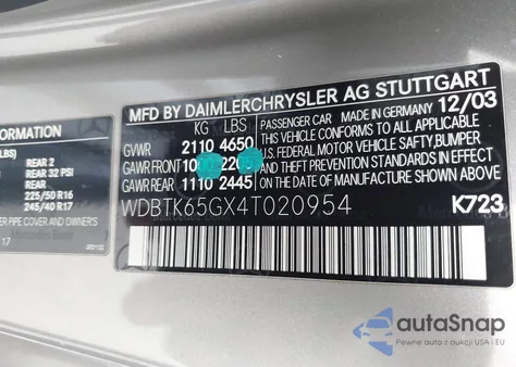 2004 Mercedes-Benz Clk 320 from USA, damaged, VIN WDBTK65GX4T020954